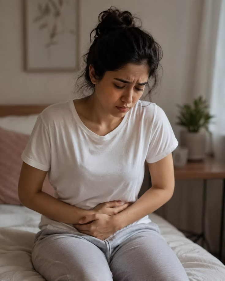 Woman sitting on bed holding her stomach in discomfort, representing PMS and hormone imbalance