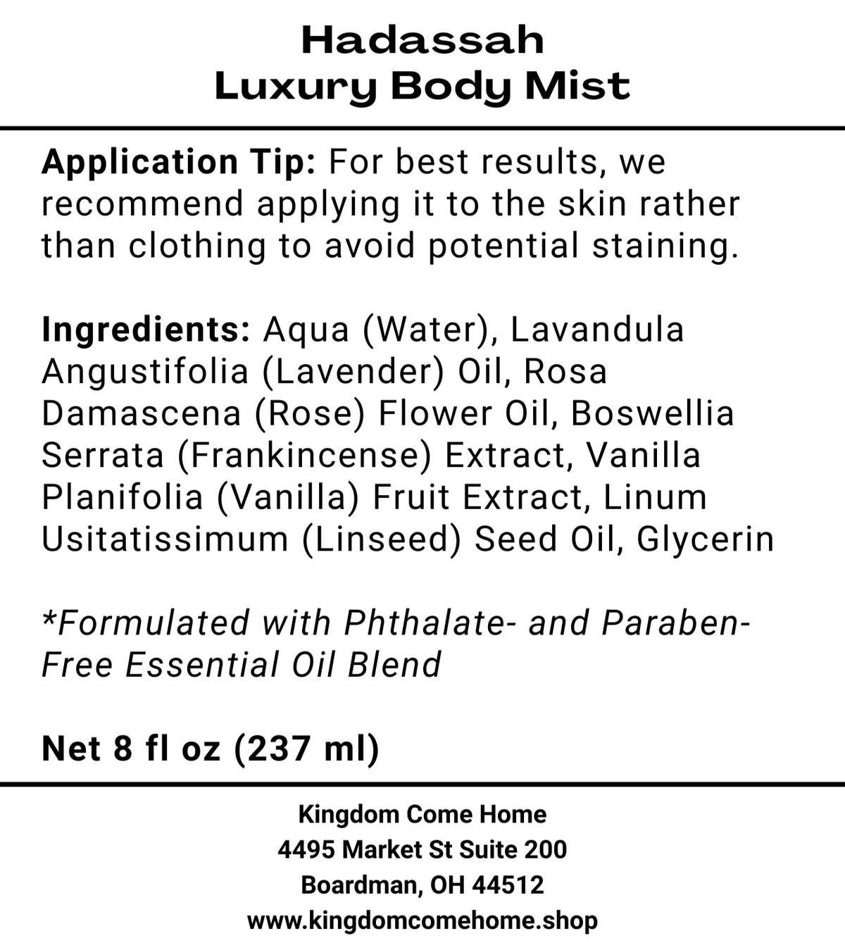 Hadassah Luxury Body Mist
