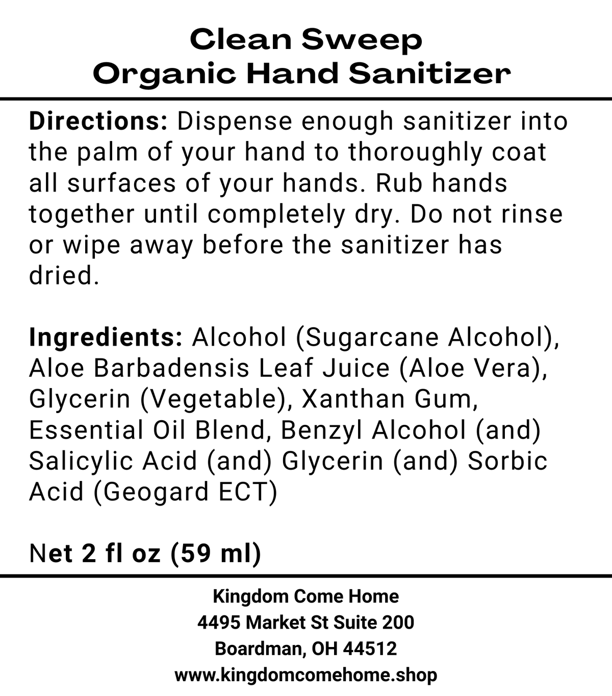 Clean Sweep - Organic Hand Sanitizer